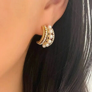 Gold Pearl Hoop Earrings CZ Pearl Earrings Pearl Huggie Hoop Earrings